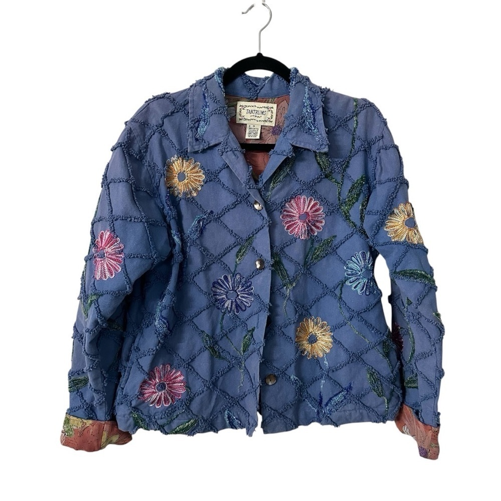 Tantrums Women’s Long Sleeve Blue Embroidered Floral Button Up Jacket Sz M GUC